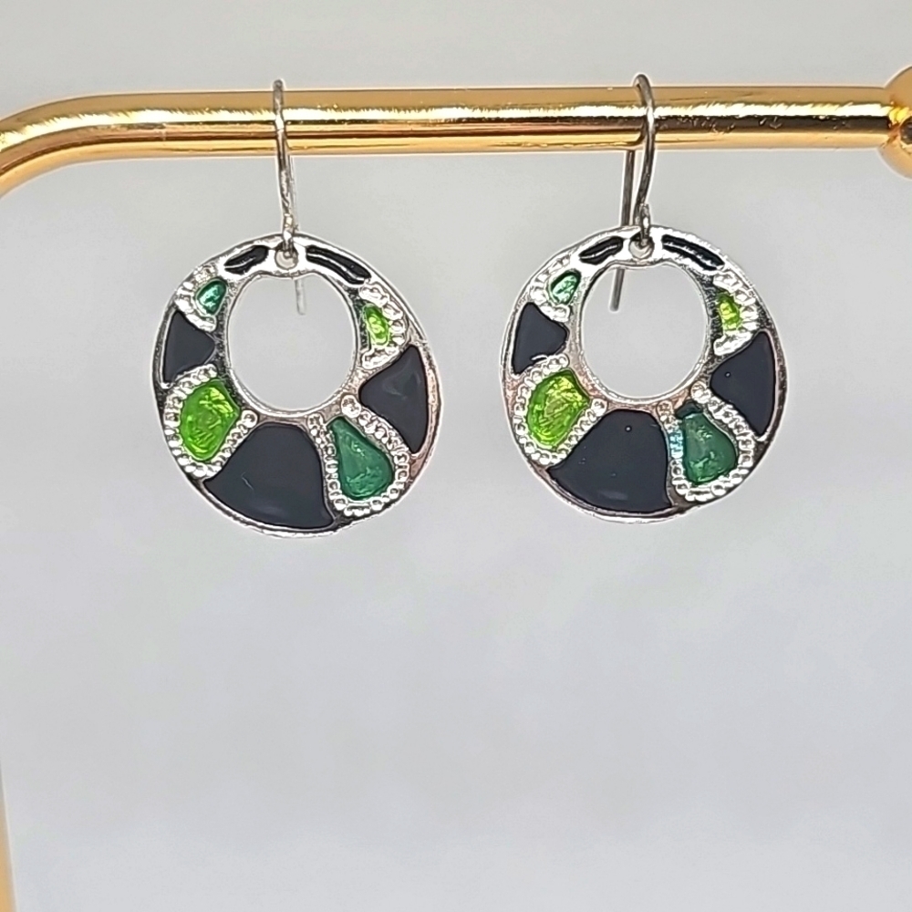 Native American Silver, Green Stained Glass and Jet Black Enamel Dangle Earrings